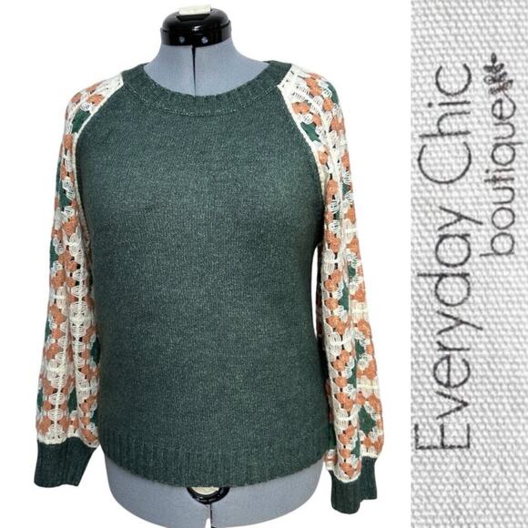 Everyday Chic Crochet Patch Sleeve Sweater Boho Cottagecore Knitwear Sz: M - Picture 2 of 8